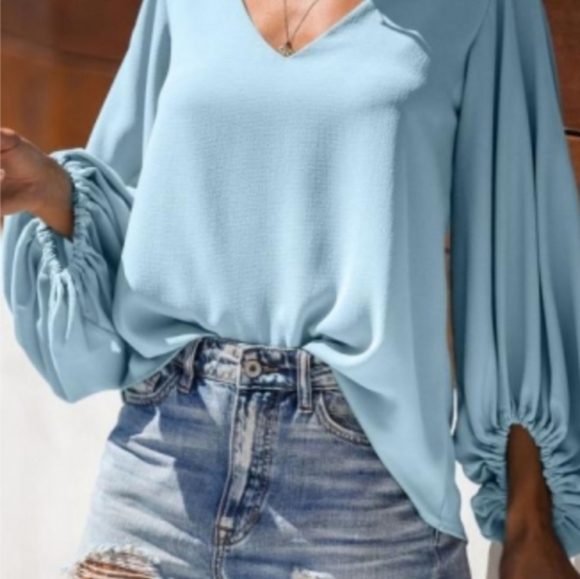 New Sky Blue Bells Balloon Sleeve Top - Picture 4 of 4